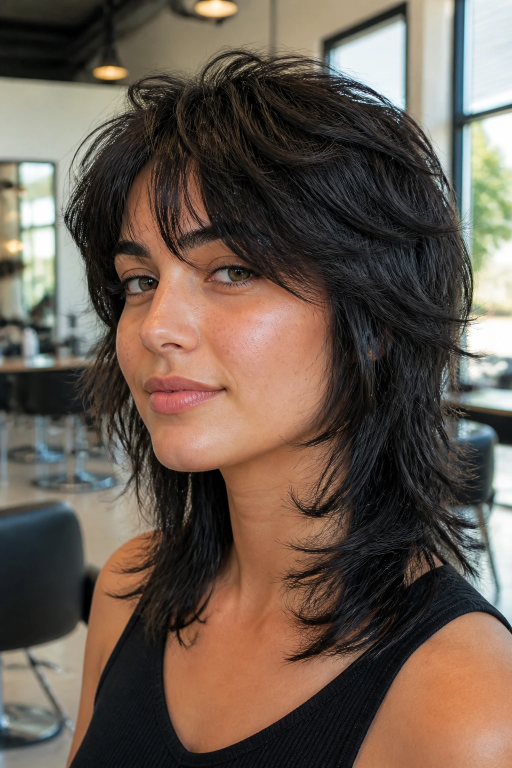 Close-up of a real person with a thick-hair wolf cut showing internal weight removal