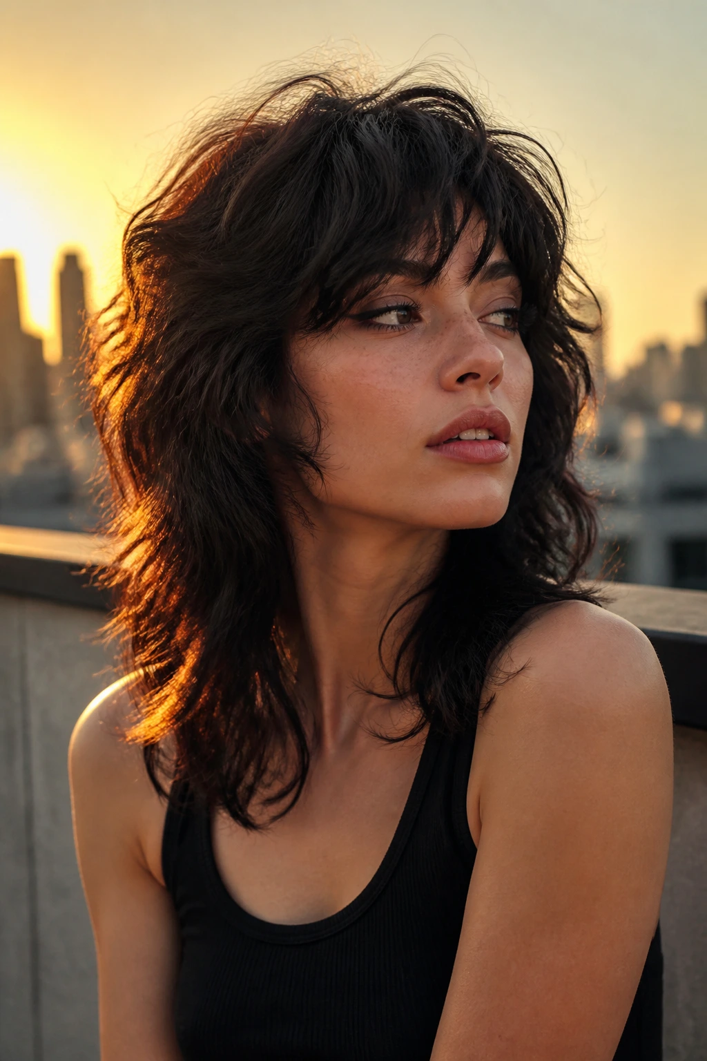 Close-up portrait of a real person with thick-hair wolf cut on a rooftop at golden hour.