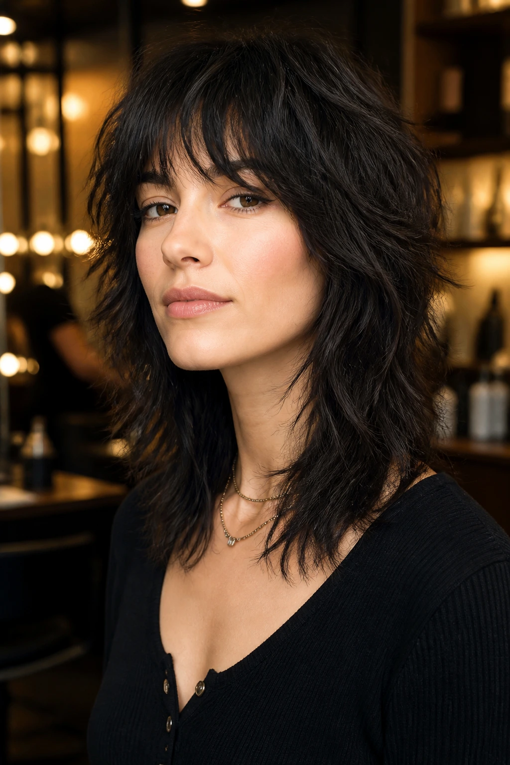 Close-up portrait of a real woman with a thick, choppy wolf cut on dense hair.