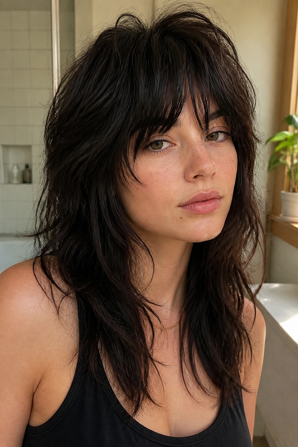 Close-up portrait of a real person with thick hair styled in a wolf cut showing crown lift and face-framing pieces.