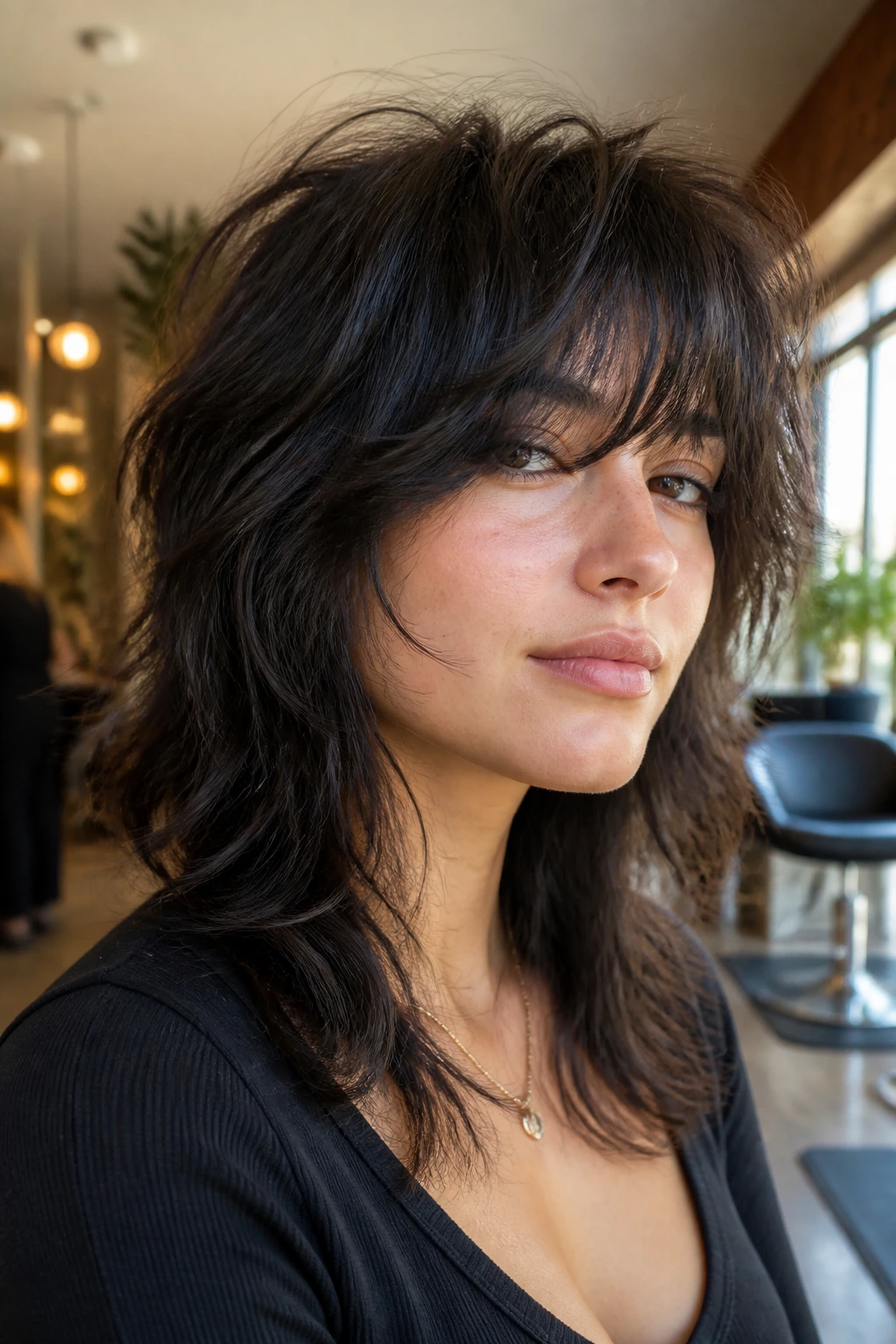 Close-up portrait of a real person with a thick wolf cut, crown lift and fringe framing.