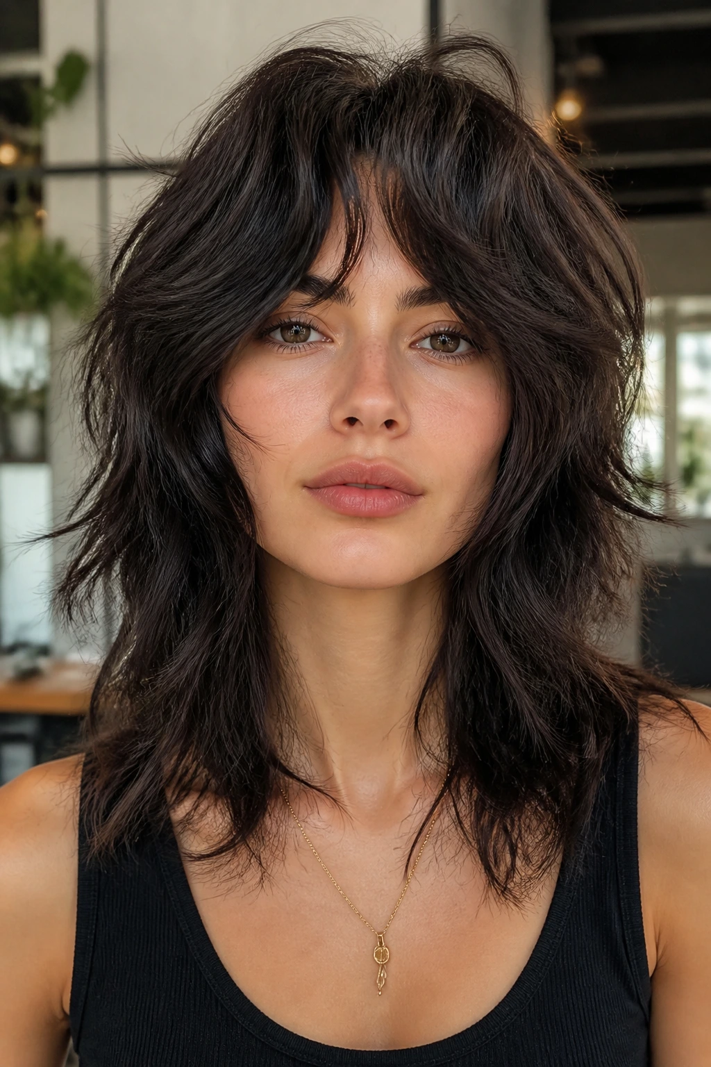 Close-up of thick-hair wolf cut with split bangs on a real person in salon lighting