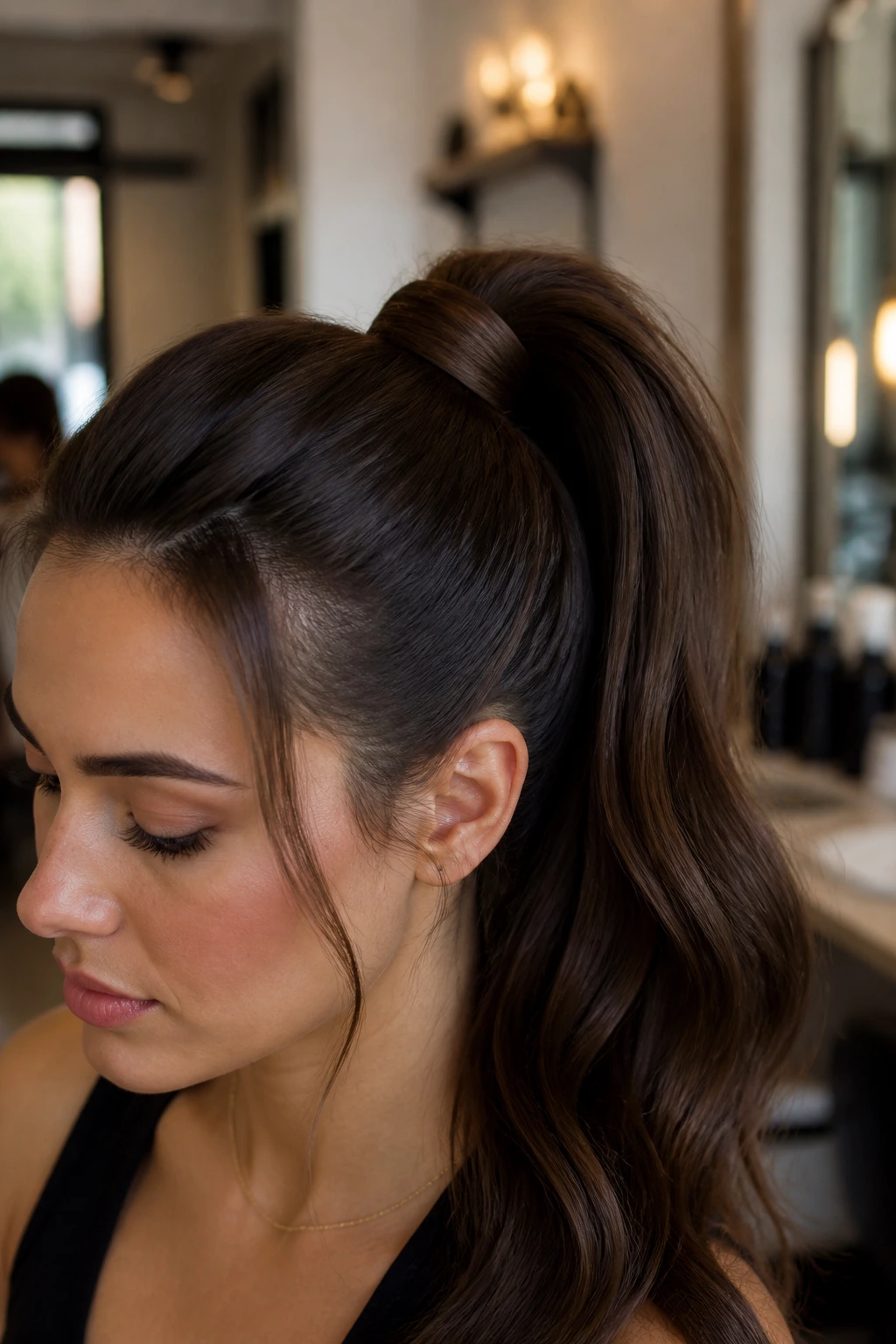 Close-up of a real woman with a thick ponytail wrapped at the base
