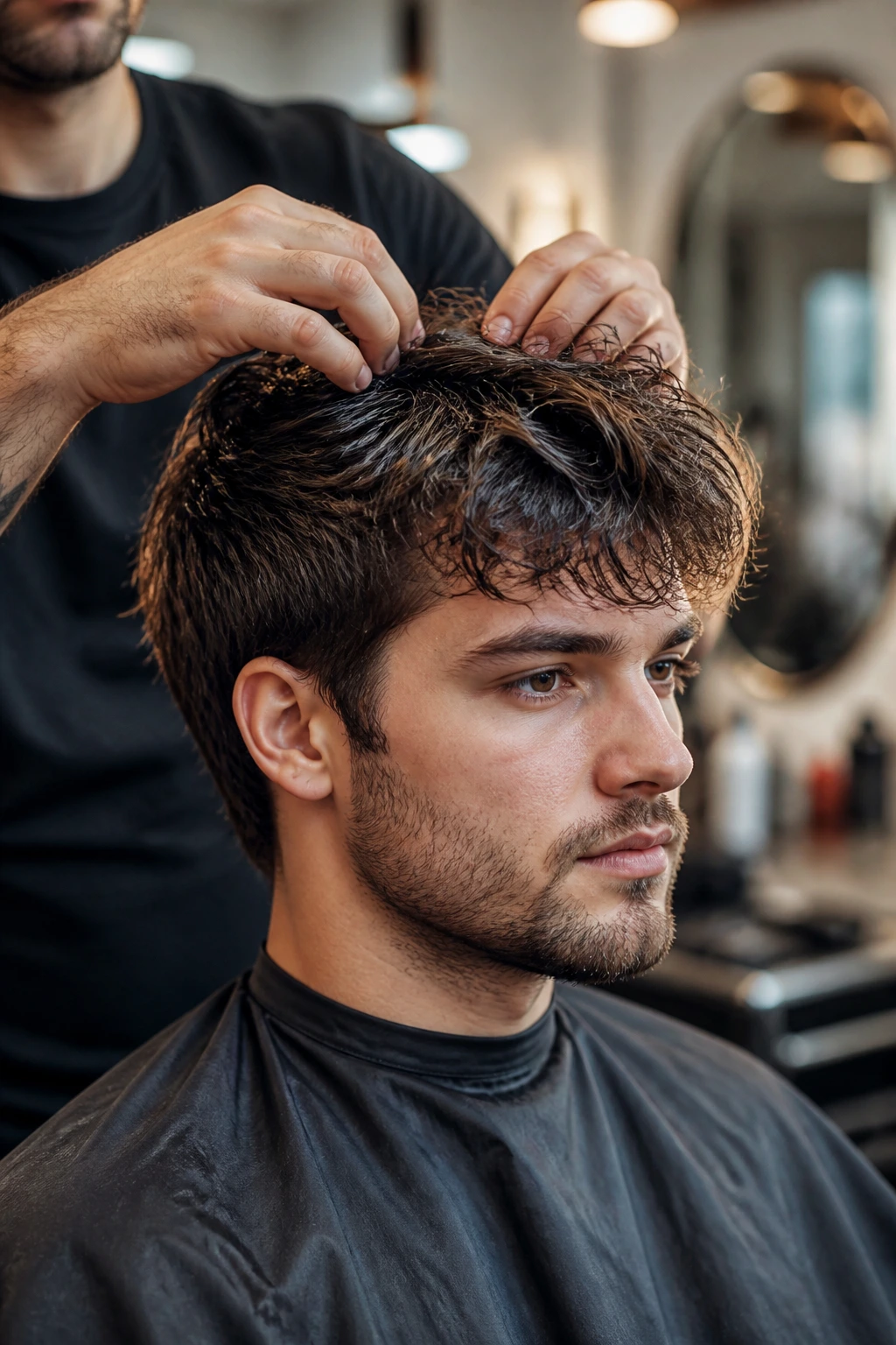 Close-up of client getting a haircut showing crown shaping in a salon