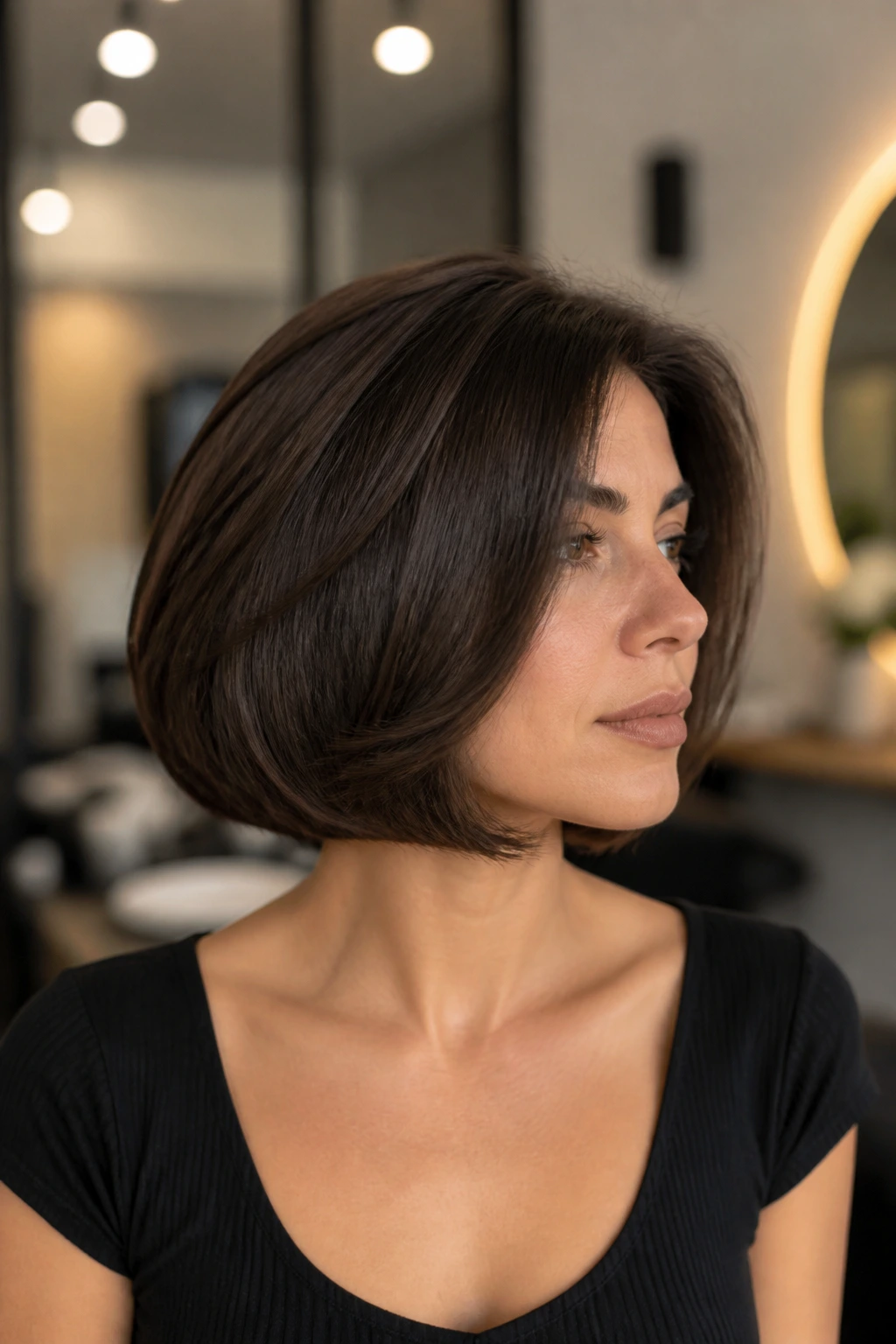 Close-up portrait of a real woman with thick Italian bob showing strong outer perimeter and lighter interior.