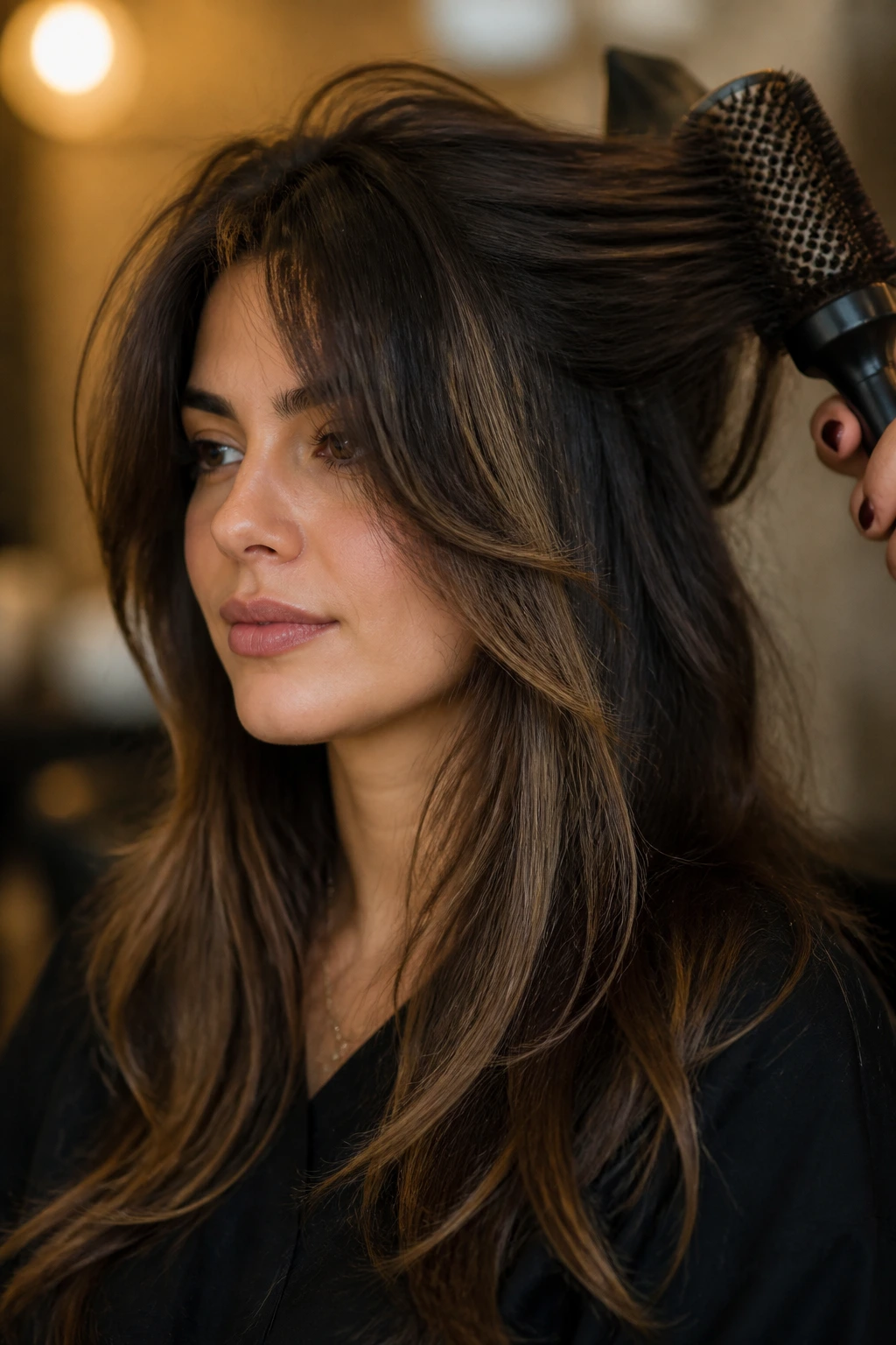 Close-up of thick layered hair styled to reduce puff in a warm salon