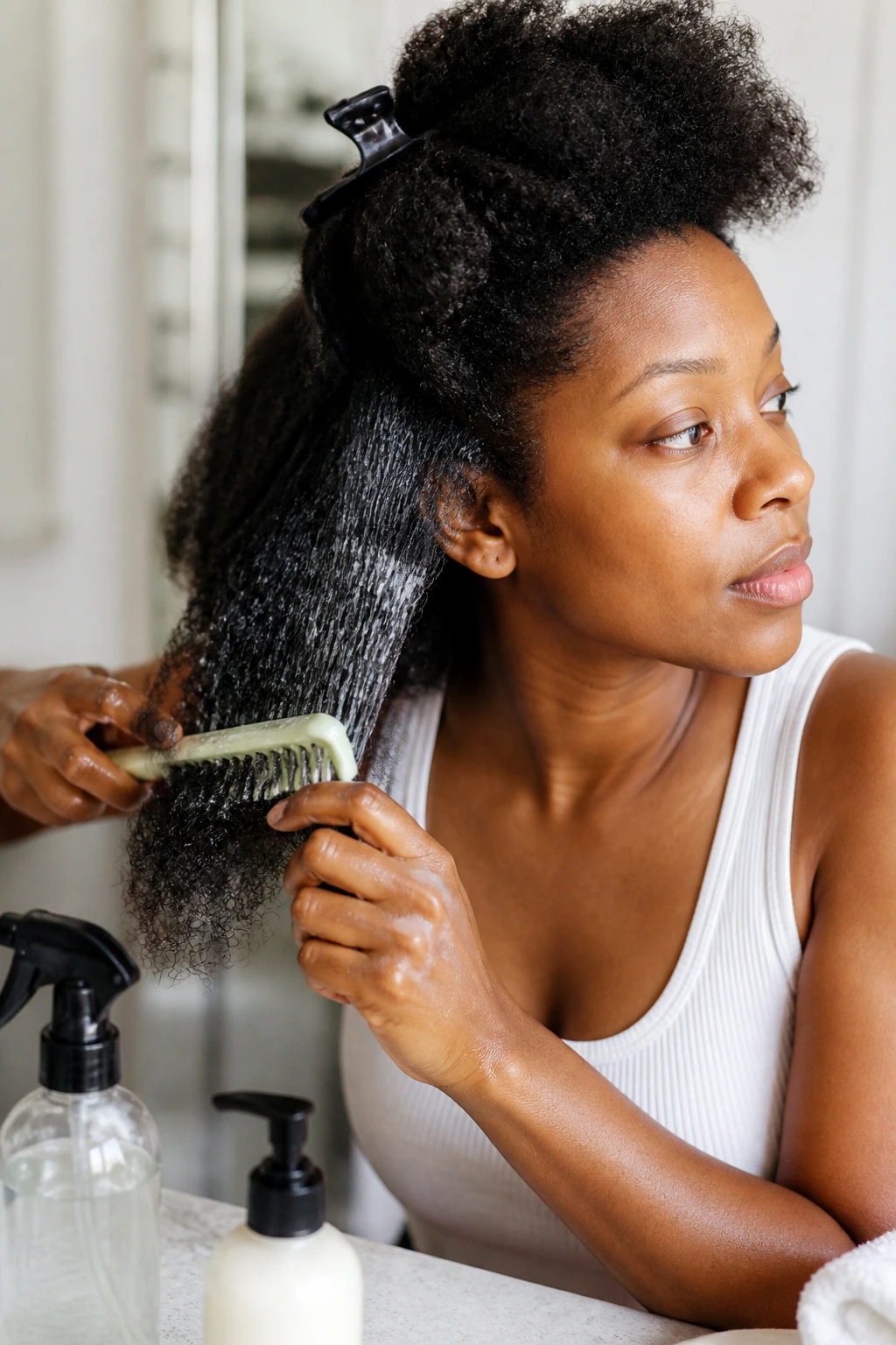 Close-up of thick natural hair being detangled and moisturized before styling