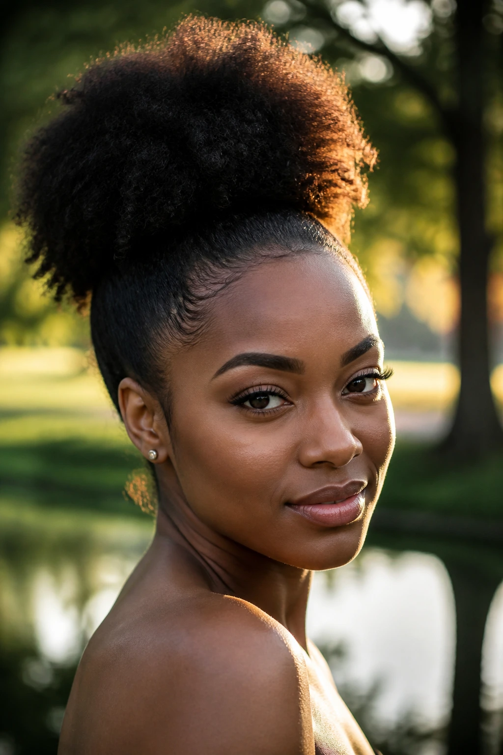 Close-up of a real person with a fluffy high puff outdoors