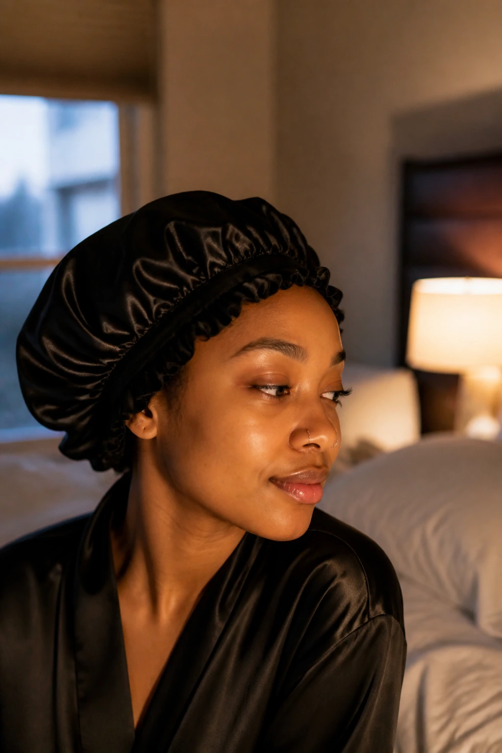 Close-up portrait of a real person with thick natural hair under satin bonnet in a cozy bedroom