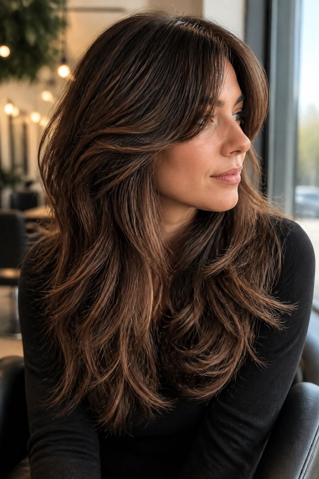 Brunette with thick shag and multitone chocolate balayage