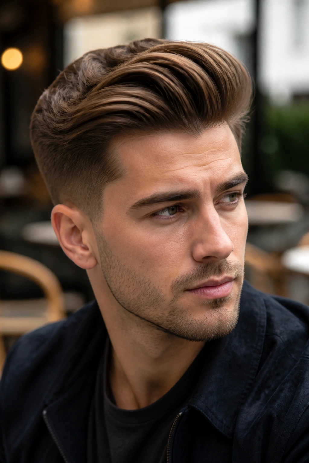 Close-up portrait of a man with Thick Side Volume Comb Over in daylight cafe