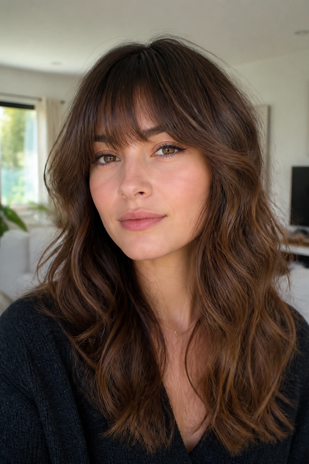 Close-up of real person showing thick wave-friendly fringe with tapered ends
