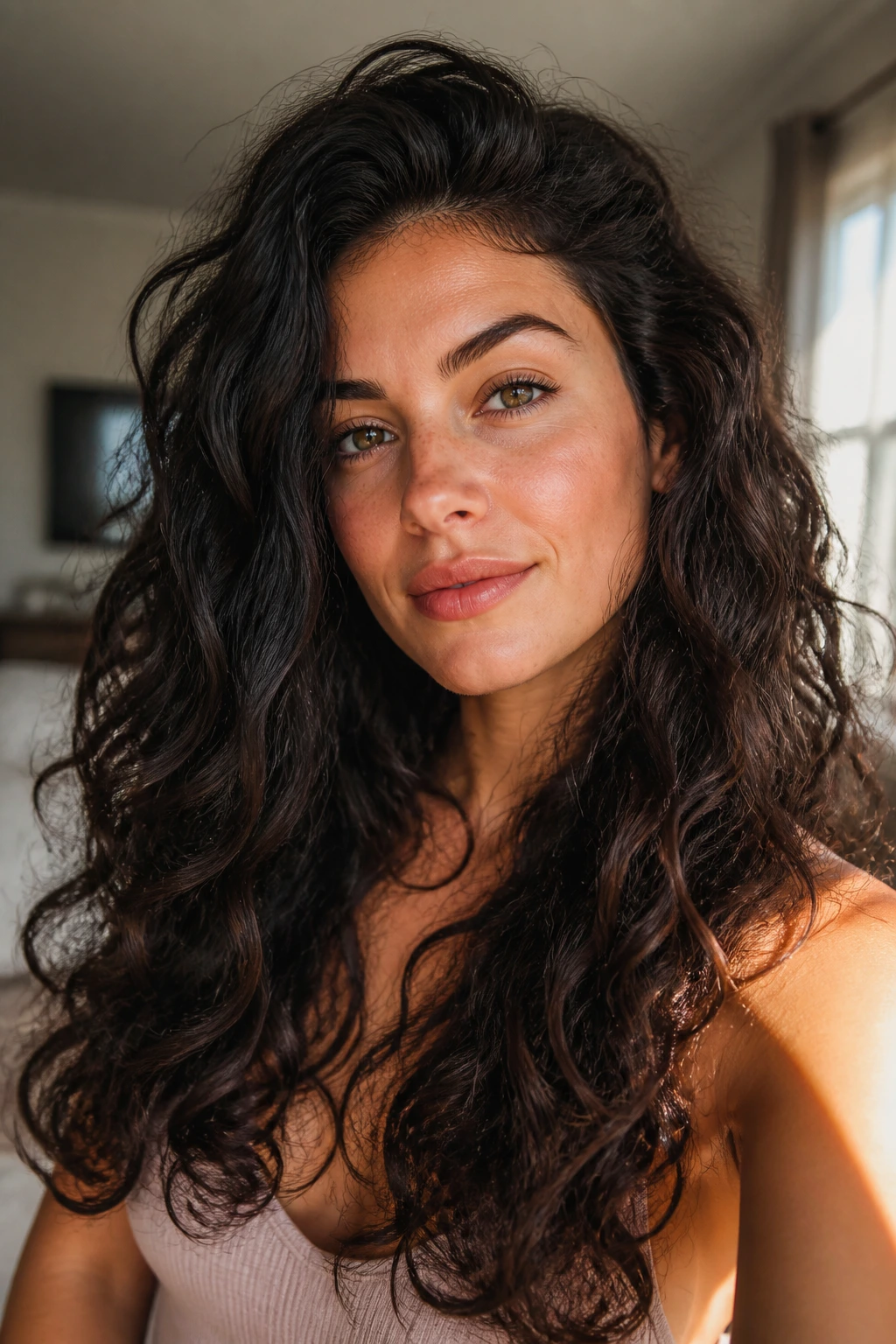 Close-up portrait of a real person with thick wavy hair showing dense waves and volume in natural window light