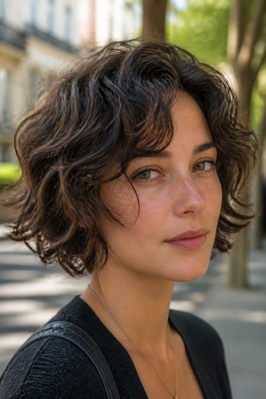 Portrait of a person with thick wavy hair wearing a short cut in real life.