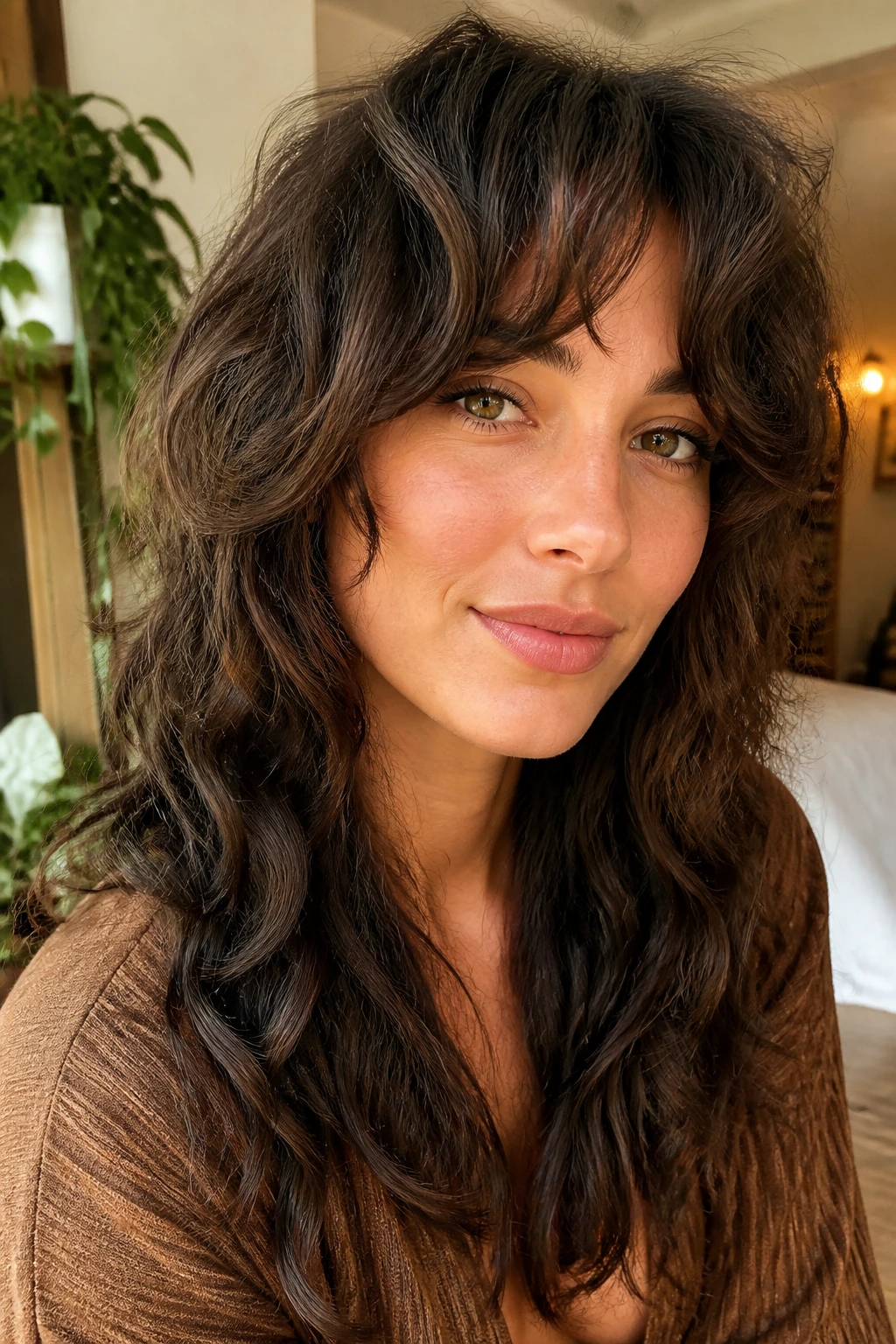 Close-up of a real person with thick waves in a long wolf cut showing movement