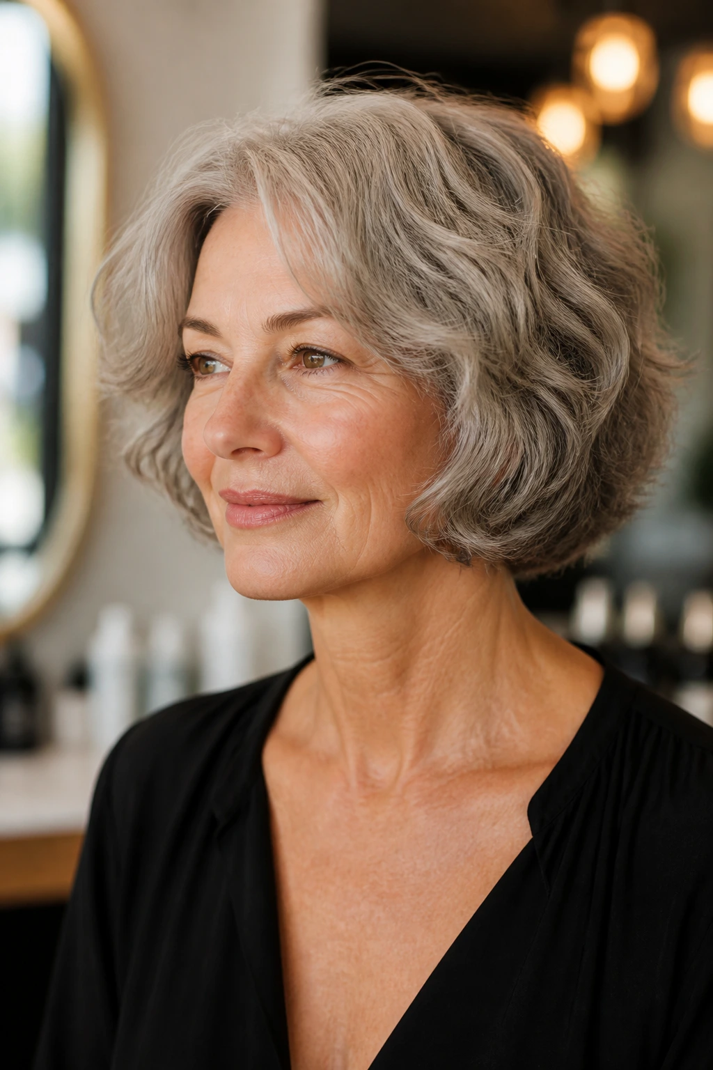 Portrait of a woman with a crisp thick wavy bob in good shape under soft light