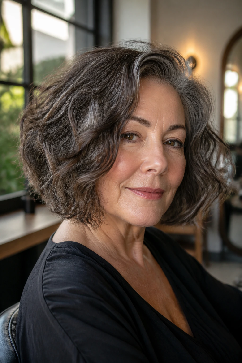 Close-up of a woman with thick wavy bob framing her jaw over 50