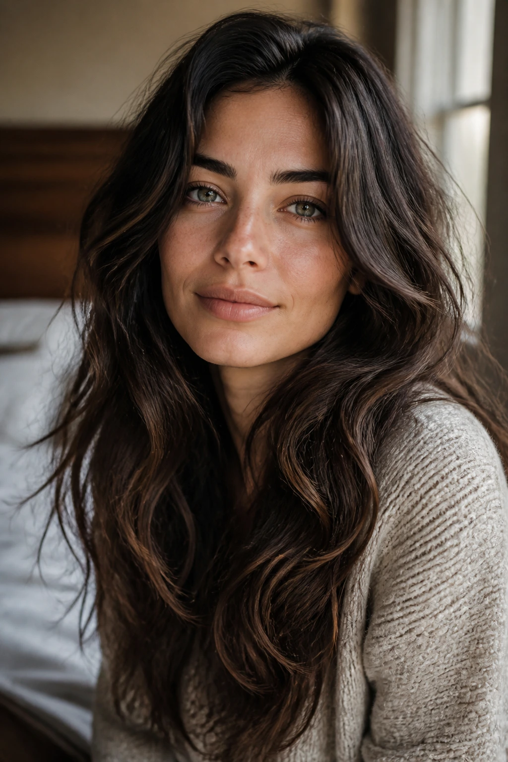 Close-up of a real woman with long thick wavy hair in a cozy bedroom