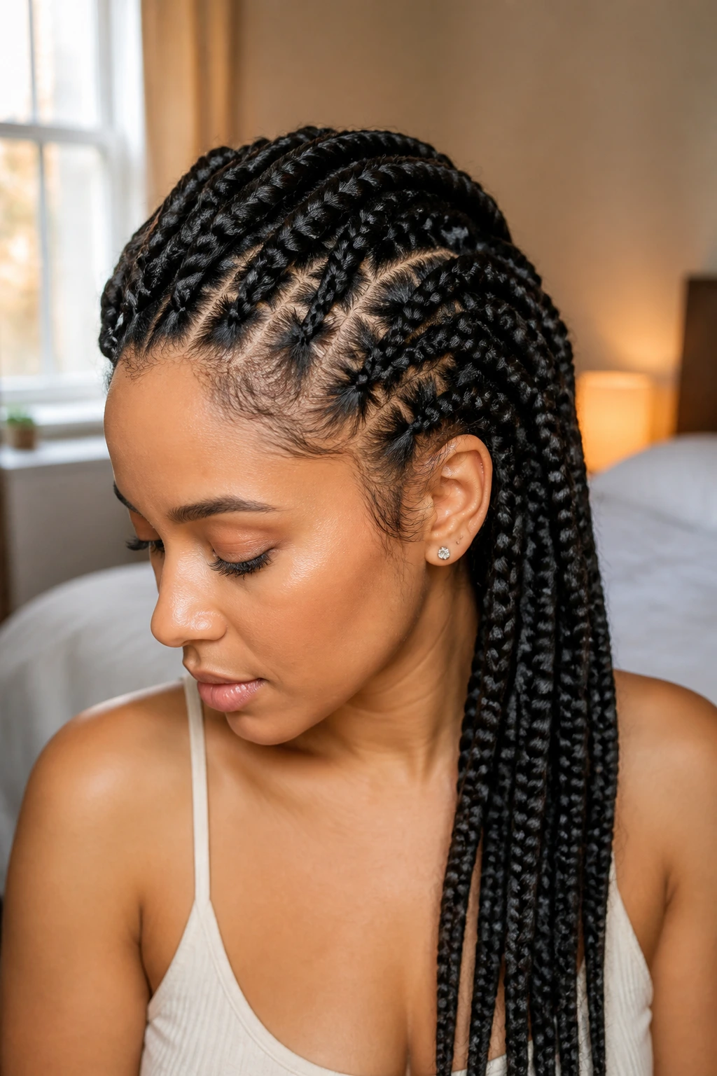 Close-up of a real woman with fuller-looking braids for thin hair