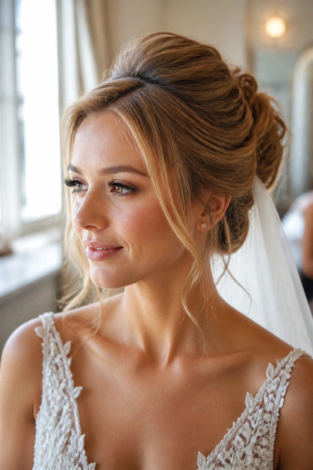 Close-up of bride with refined updo and crown lift in bridal suite