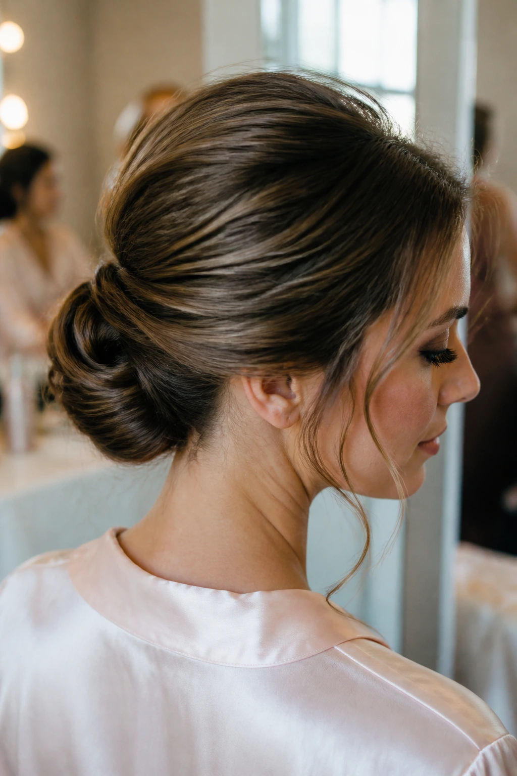 Close-up portrait of a real woman with a shape-enhancing thin-hair updo in a bridal dressing room.