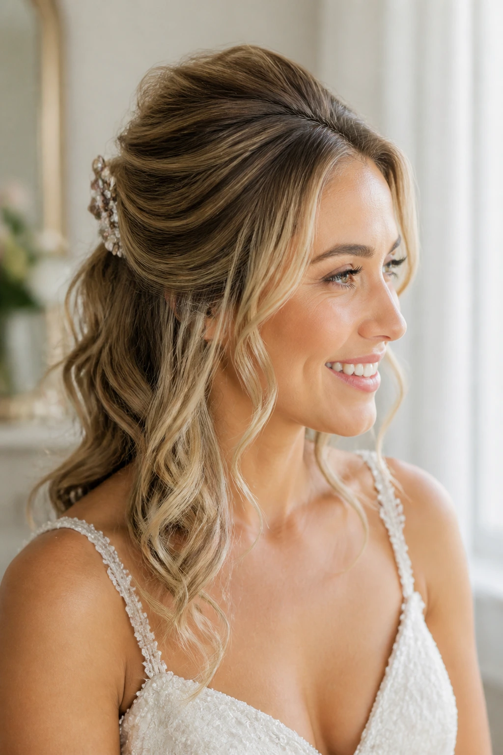 Close-up portrait of a real bride showing crown lift and textured waves for fuller thin hair