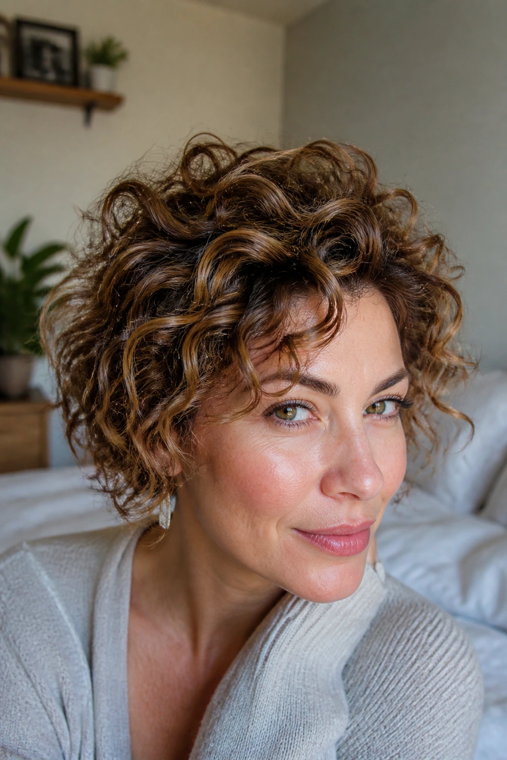 Close-up of a real woman with lifted crown curls for thin hair