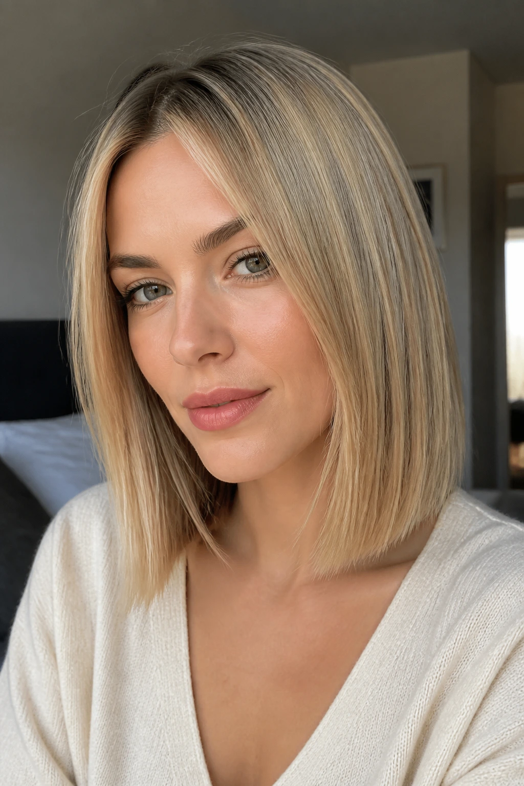 Close-up portrait of a real woman with a solid-line thin-hair lob in warm light