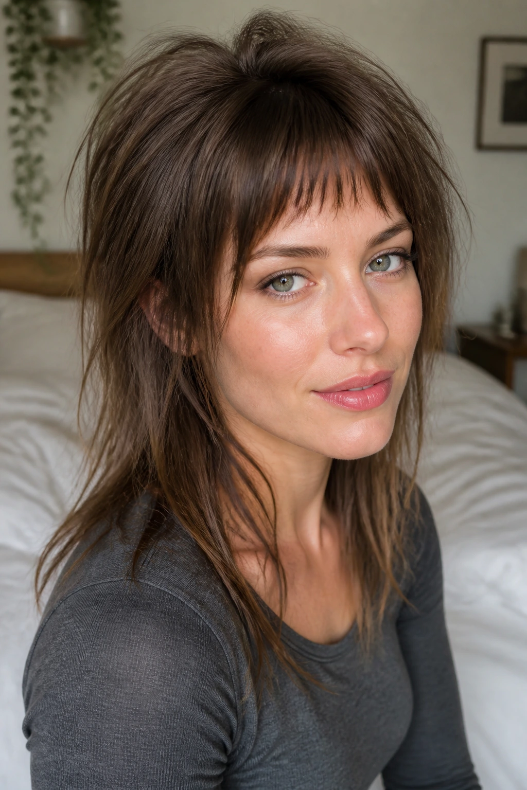 Close-up of a real woman with thin-hair shag, short fringe, and root lift in morning light