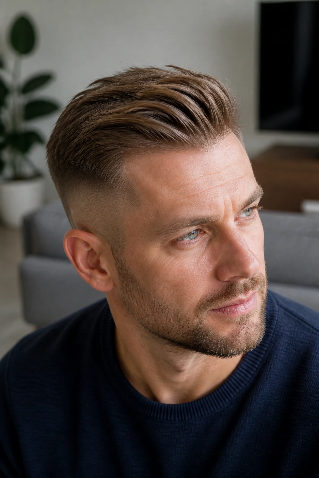 Real man with thin hair volume comb over, top lifted and textured.
