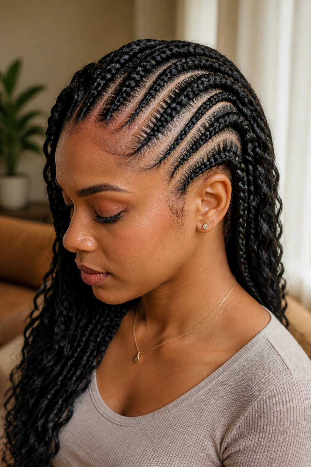 Close-up of a real woman with side cornrows featuring thin and thick layers for depth