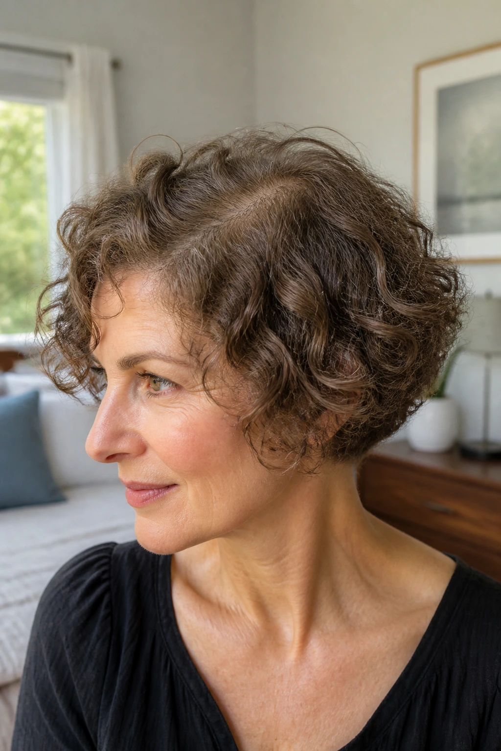 Close-up portrait of a real woman with thinning curly hair in a short rounded bob