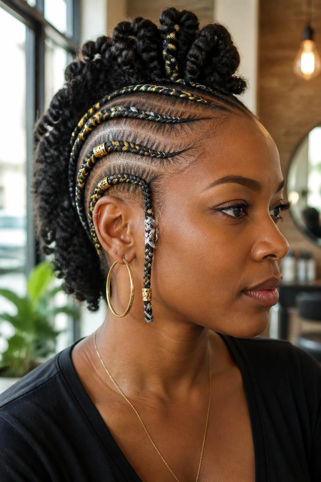 Close-up of a real person wearing a thread-and-cuff braided mohawk with metallic accents