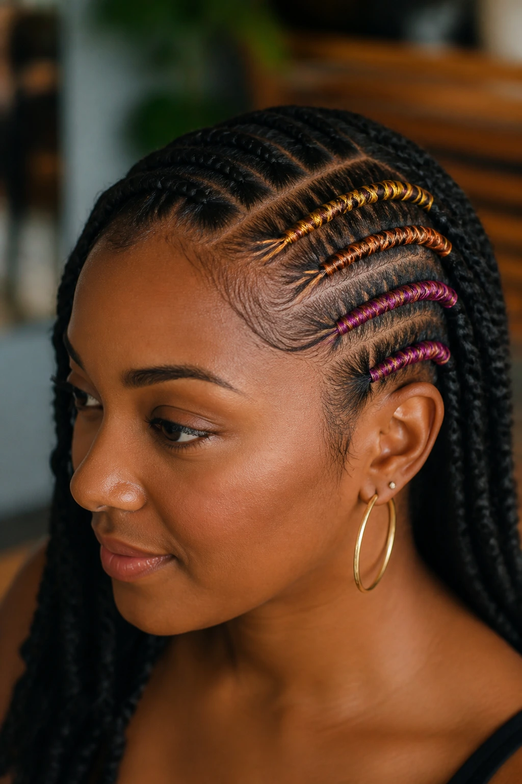 Real person with side cornrows wrapped in colored thread