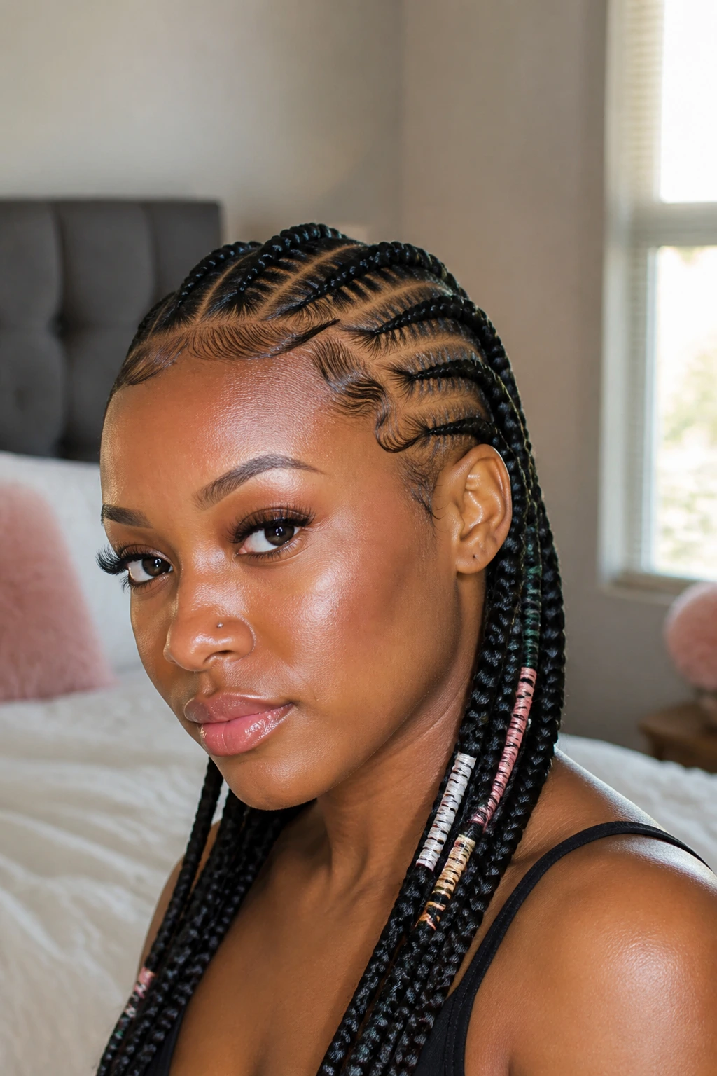 Close-up portrait of a real woman with thread-wrapped cornrows in a restrained color palette