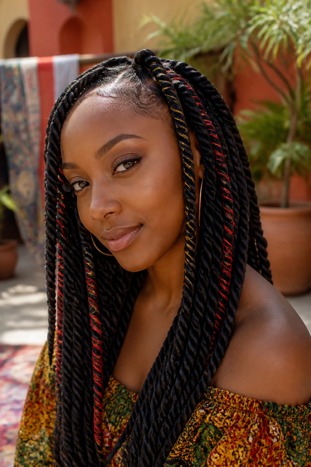 Close-up of thread wrapped twists on a real person