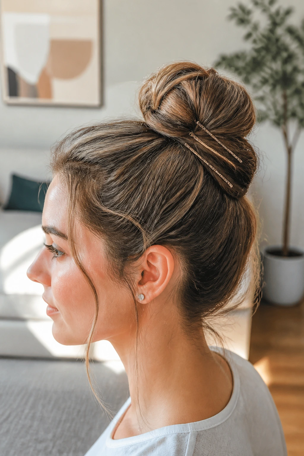 Side-profile of a real woman showing a three-pin bun.