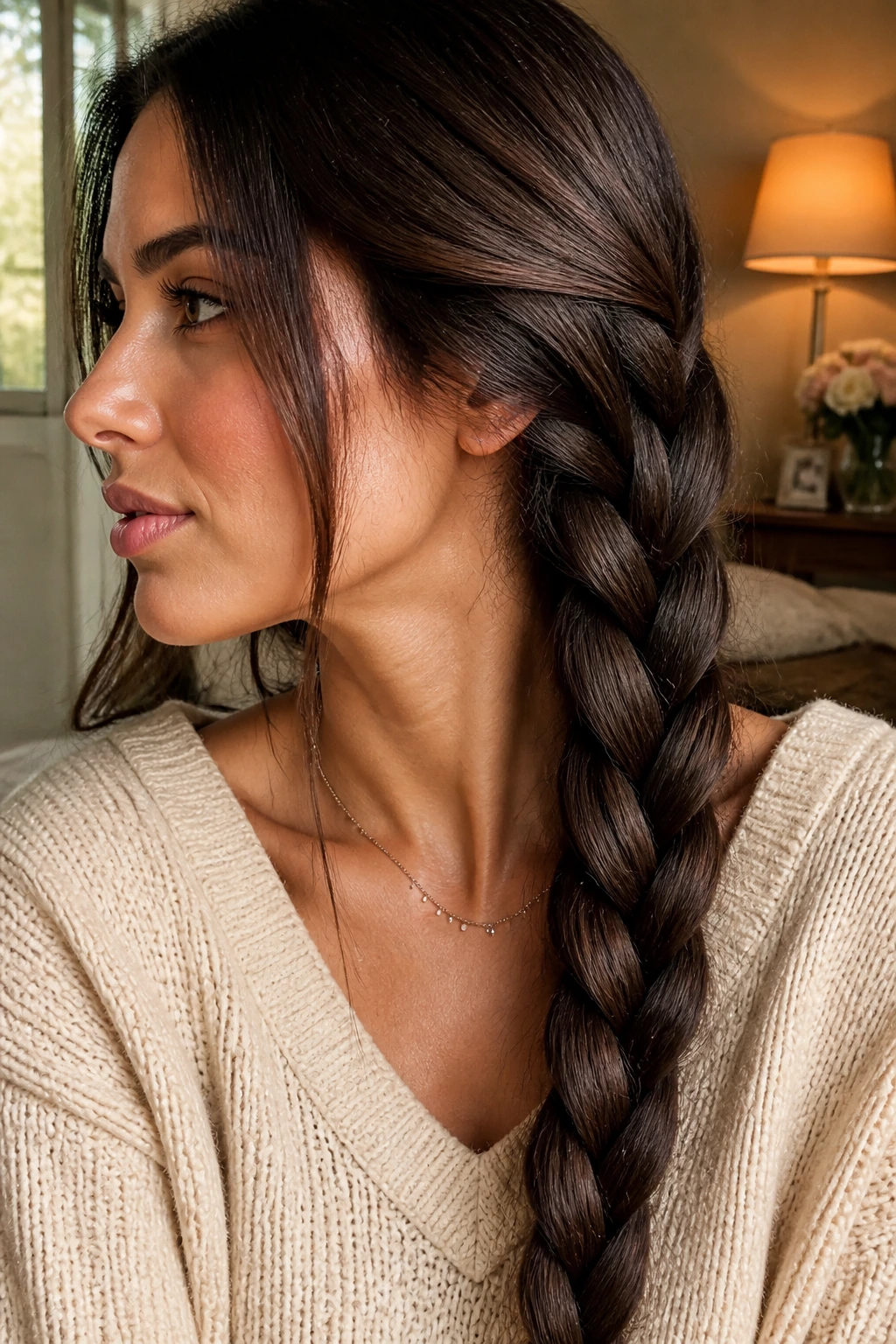 Close-up portrait of a person with a classic three-strand braid