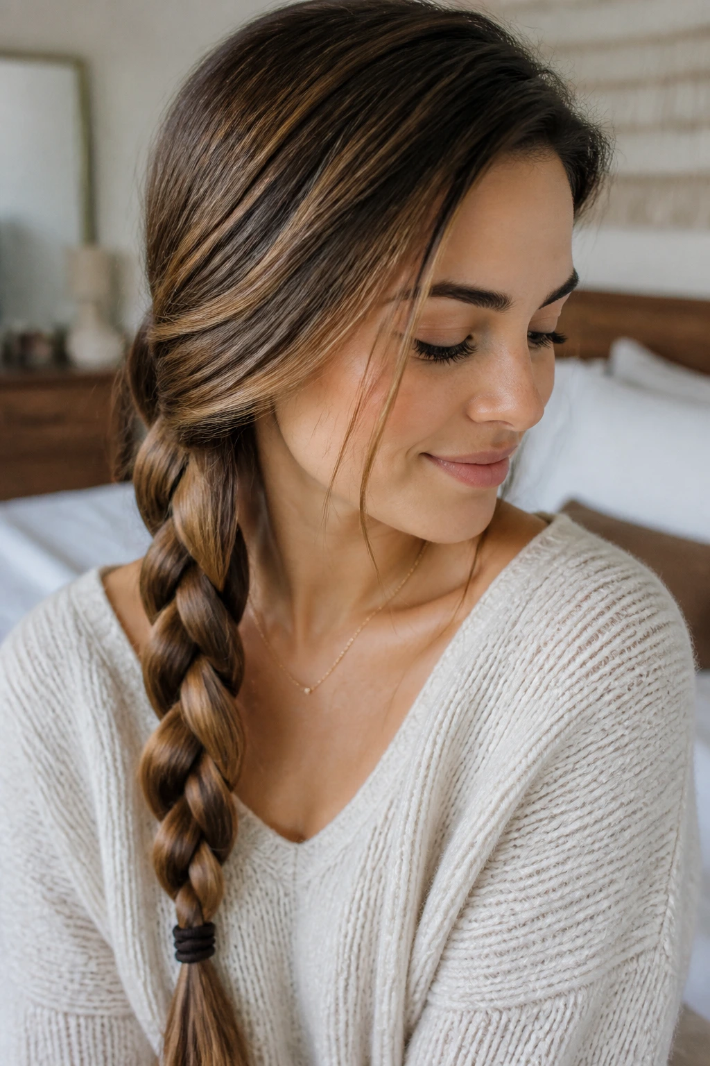 Close-up of a real woman with a classic three-strand side braid