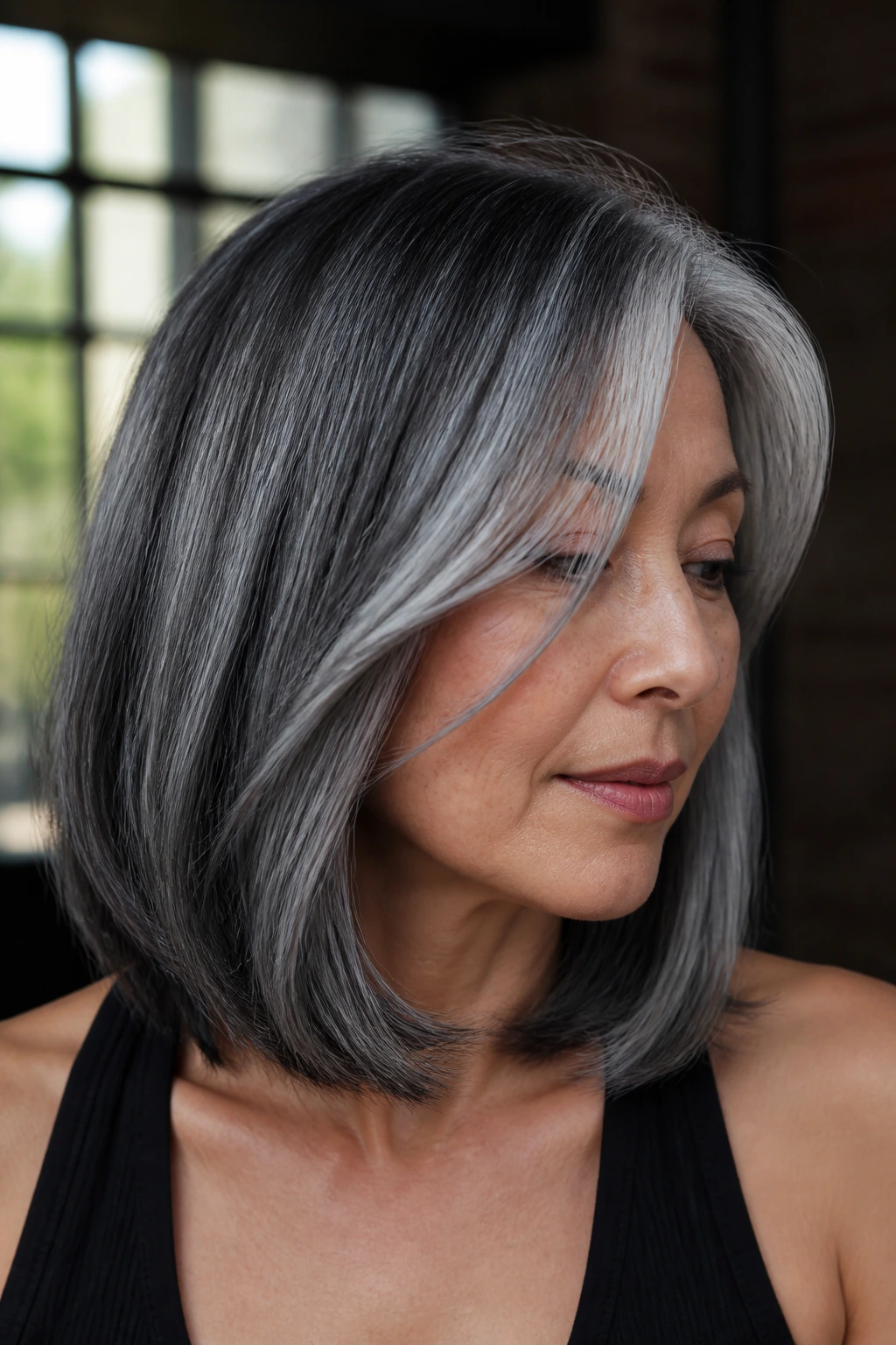 Close-up of a real woman with thundercloud gray and soft black contrast hair