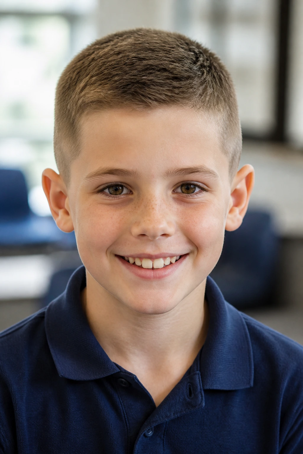 Close-up of child with tidy crew cut in a bright classroom