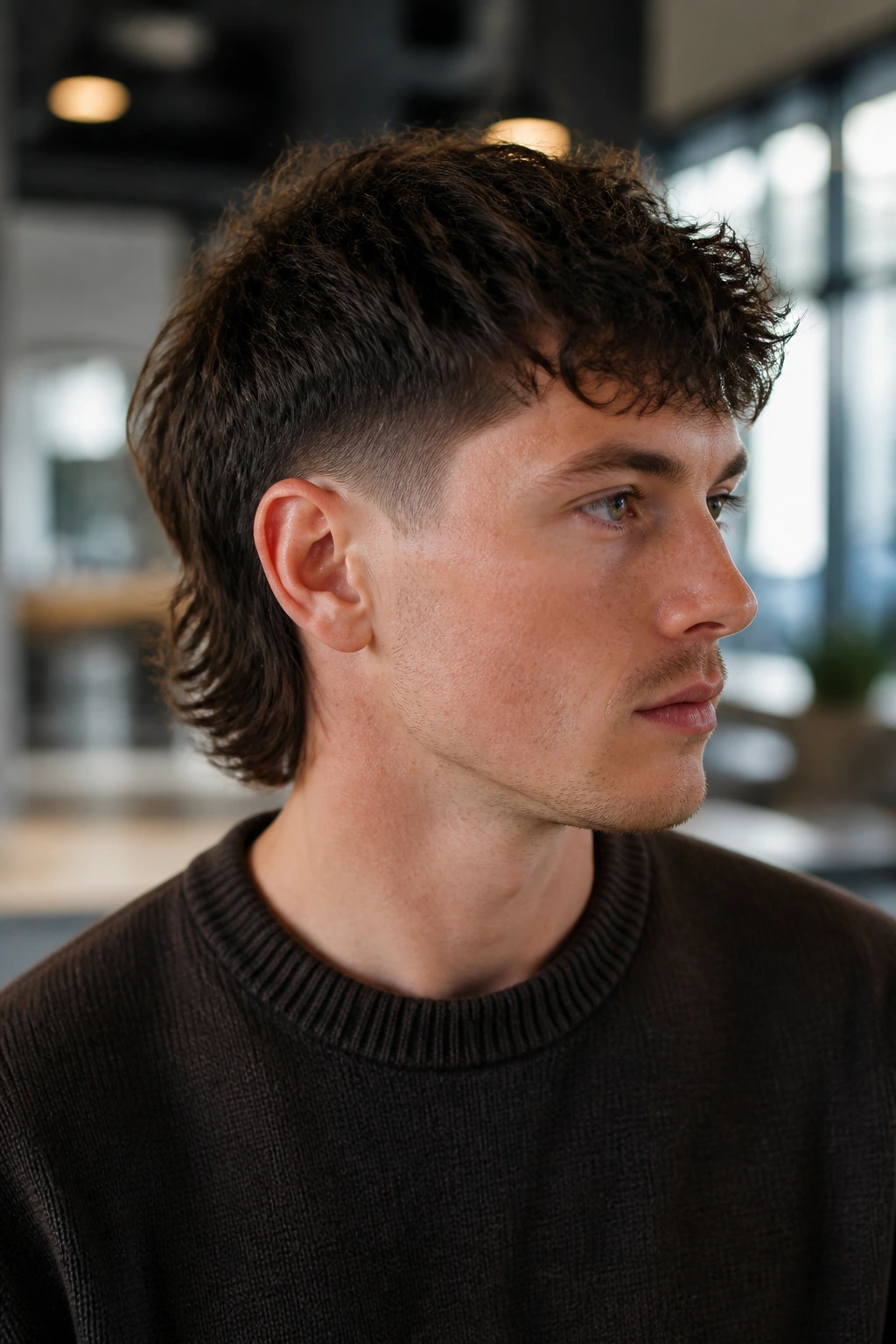 Close-up portrait of a real person with a tidy tapered mullet in a modern cafe or lobby