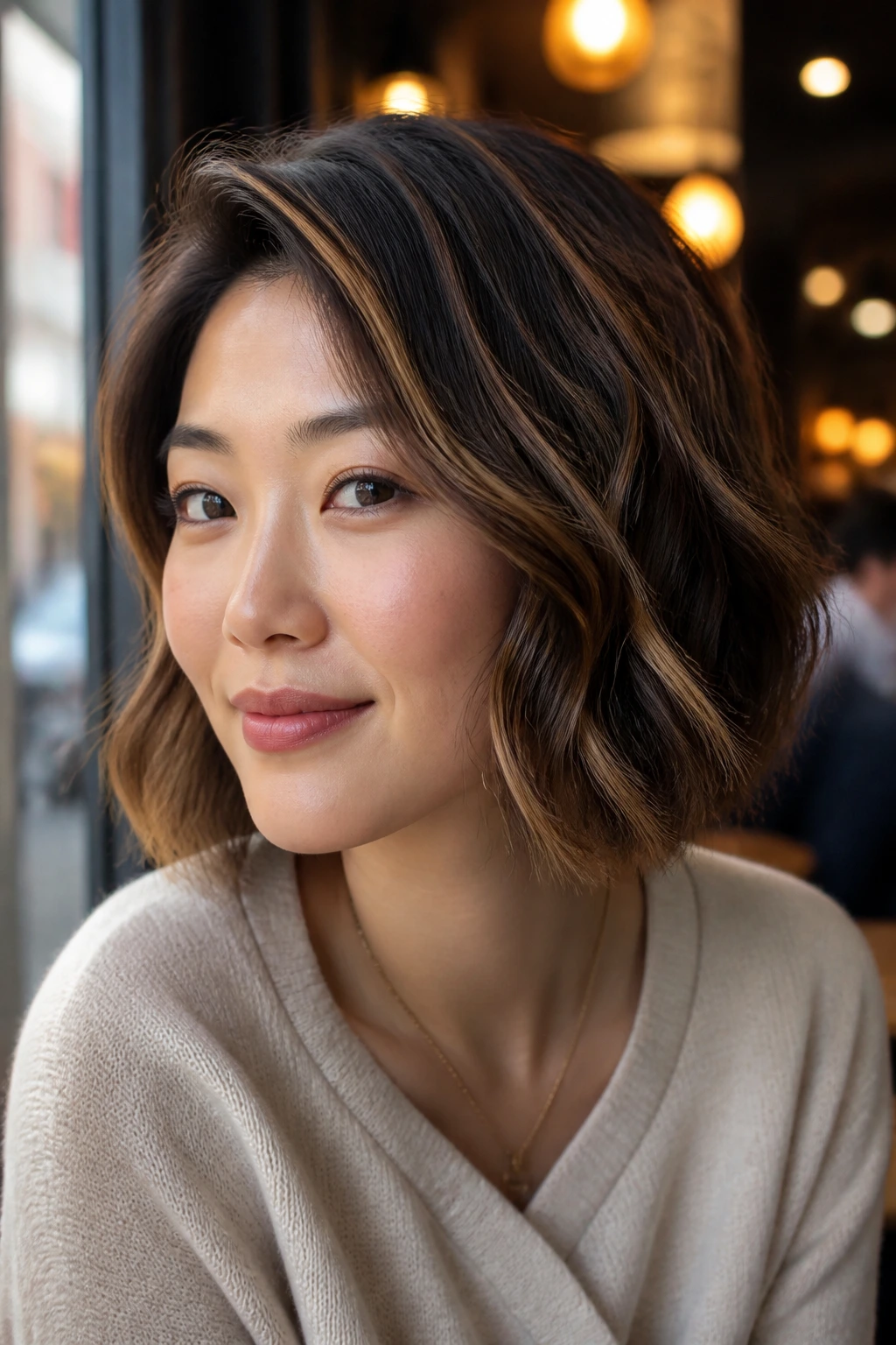 Close-up portrait of a real woman with a tiger-eye brunette on a wavy bob in warm cafe light.