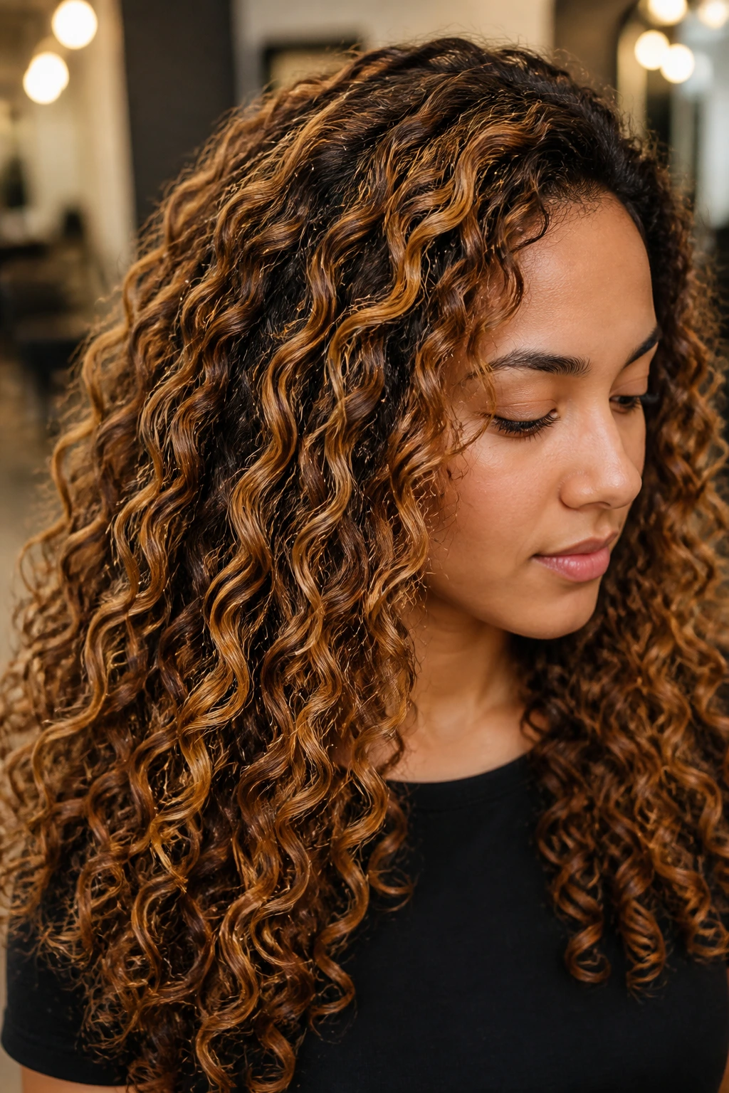 Close-up of a real woman's curly hair featuring tiger-eye caramel and honey highlights.