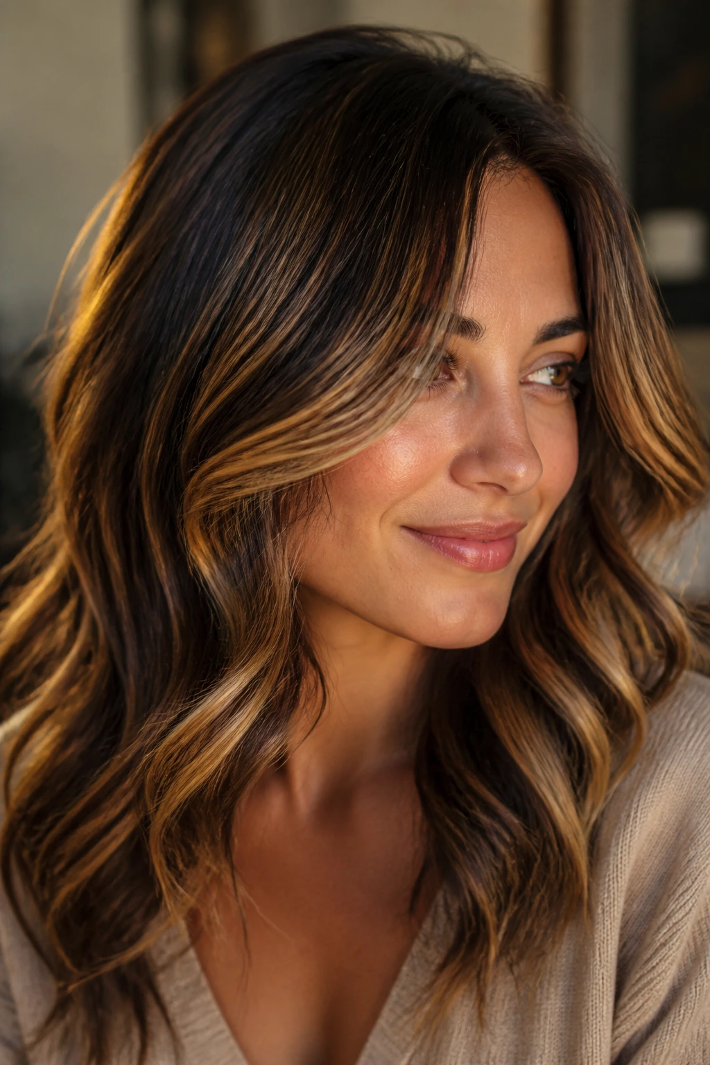 Brunette with tiger-eye highlights showing warm ribbons around the face.