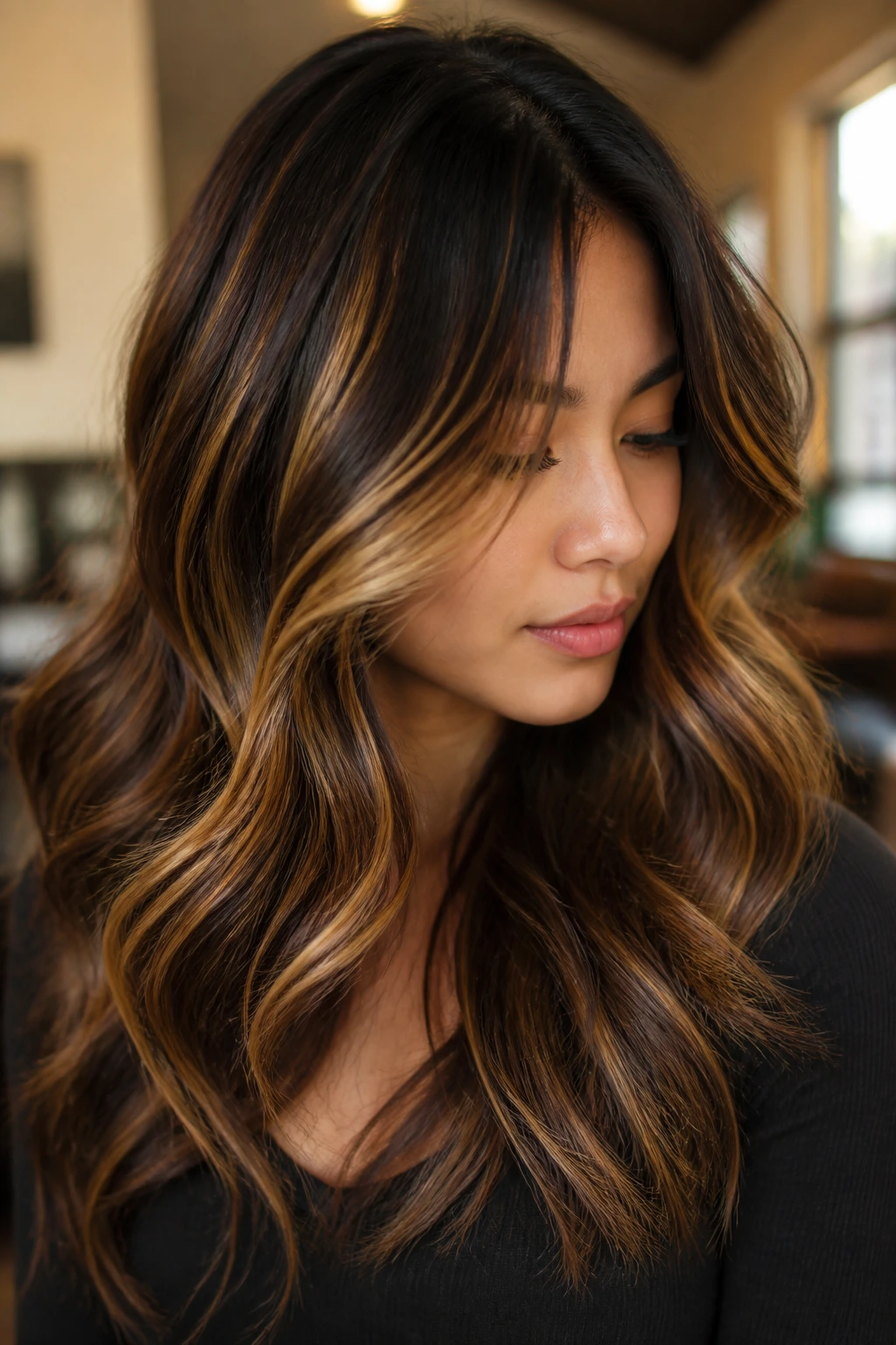 Close-up of dark hair with tiger eye highlight blend in waves.