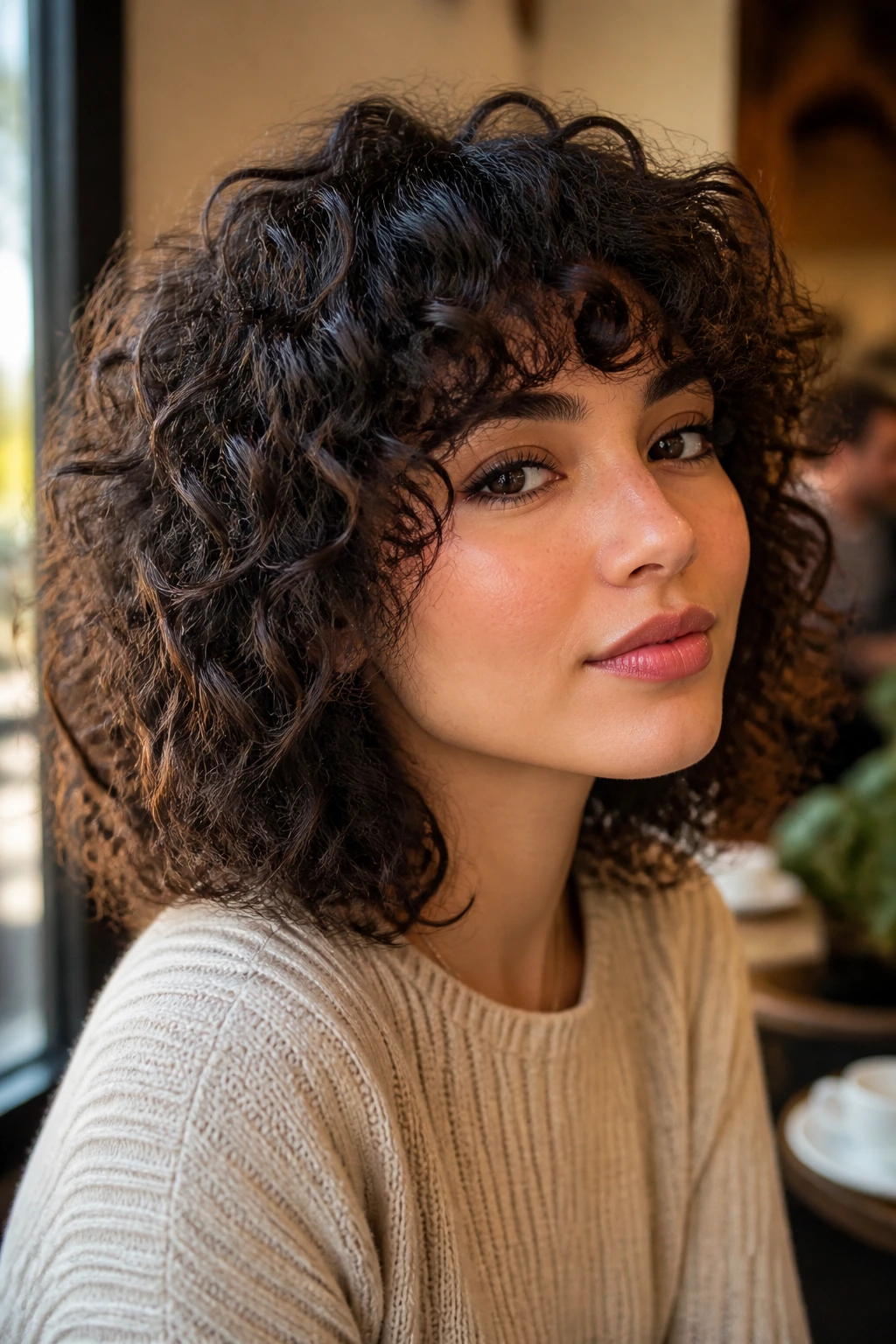 Close-up portrait of a real woman with Tight-Curl Shag and curved bangs