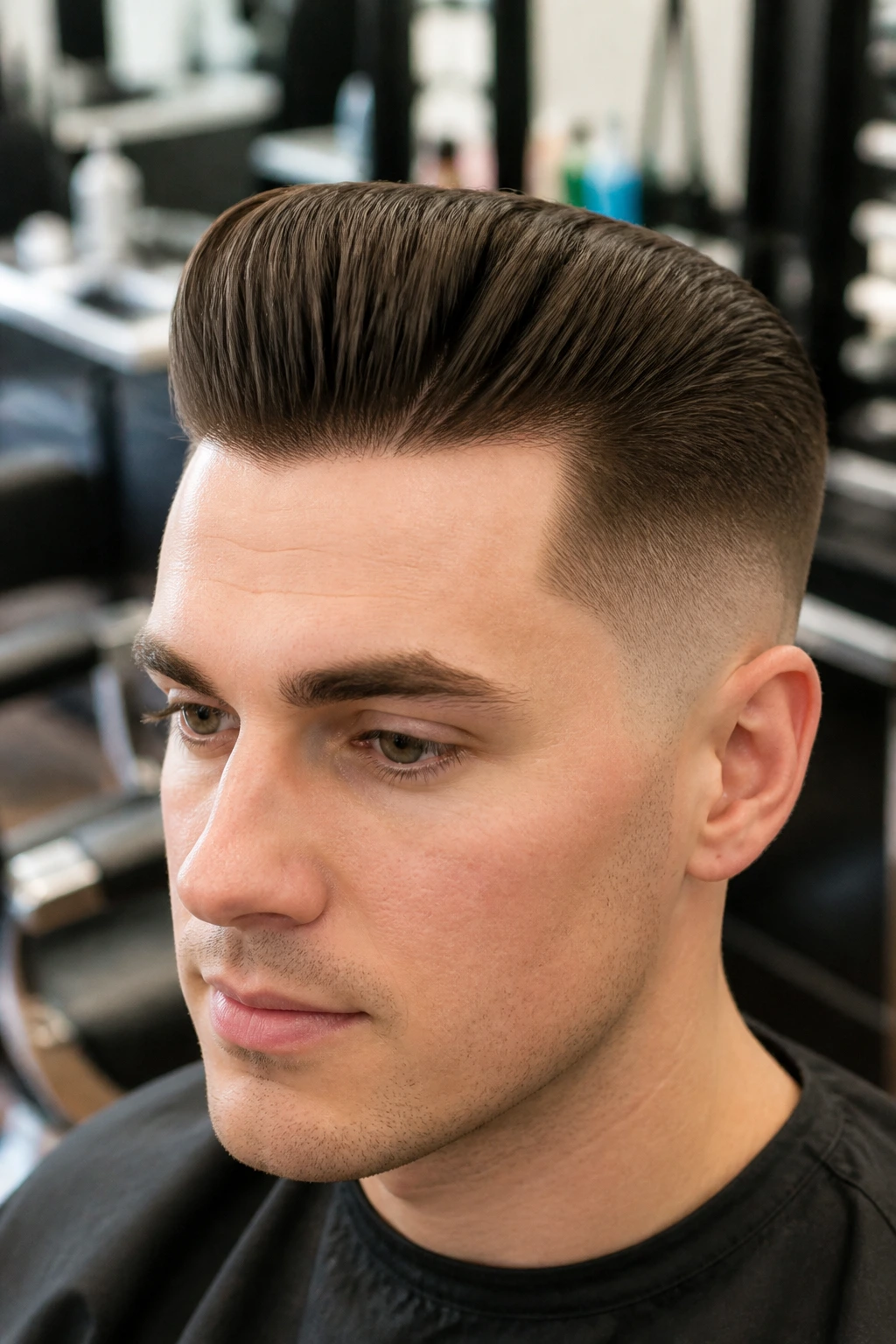 Close-up of a man with tight barbershop pompadour and sharp neckline