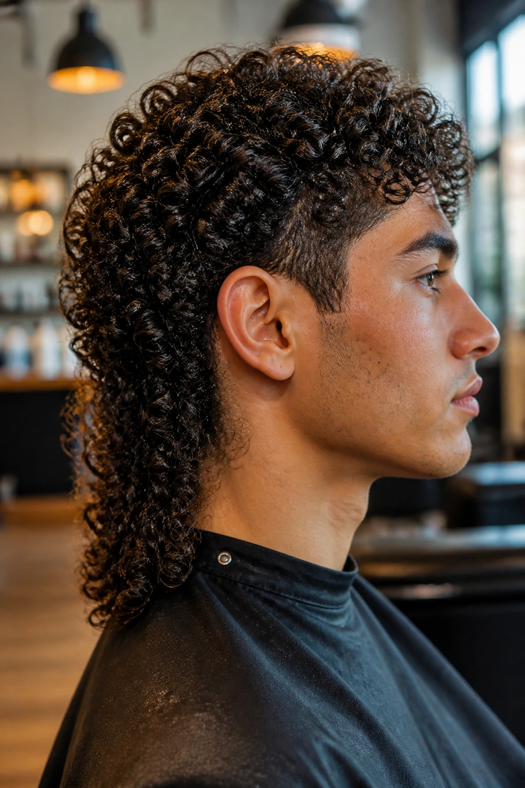 Close-up portrait of a real person with tight ringlets forming a mullet in a salon