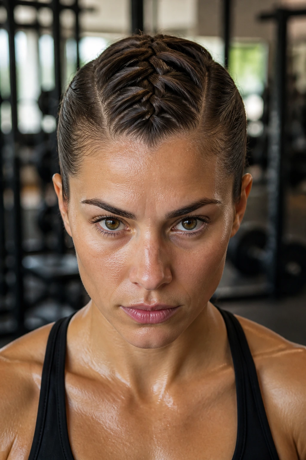 Portrait of a person with a tight sporty French braid for workouts